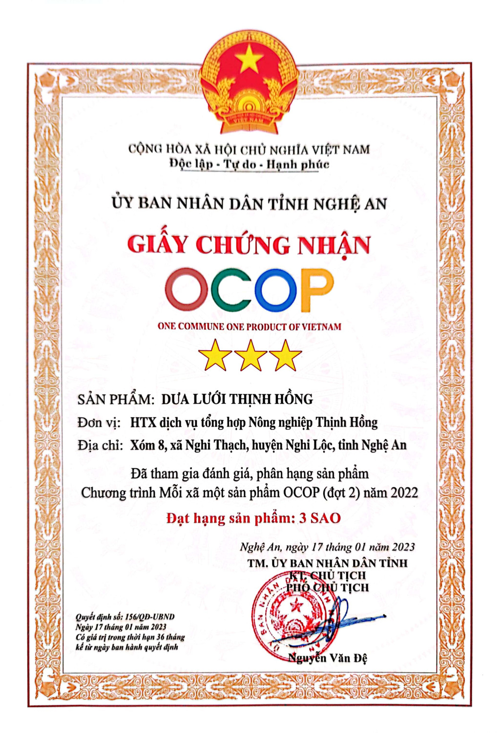 Giấy chứng nhận sản phẩm OCOP 3 sao của xã Nghi Thạch